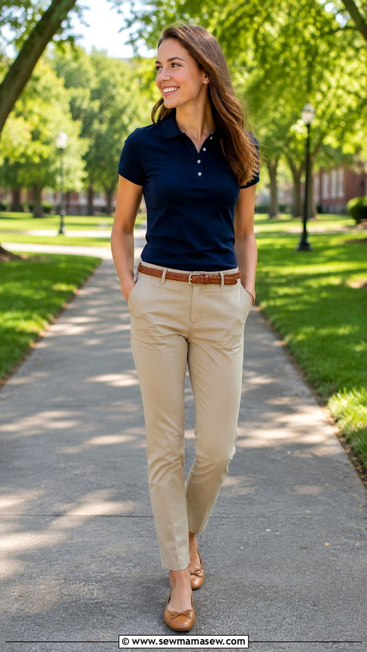 Navy Polo And Khaki Chinos With Ballet Flats - 25 Old money outfit ideas with ballet flats
