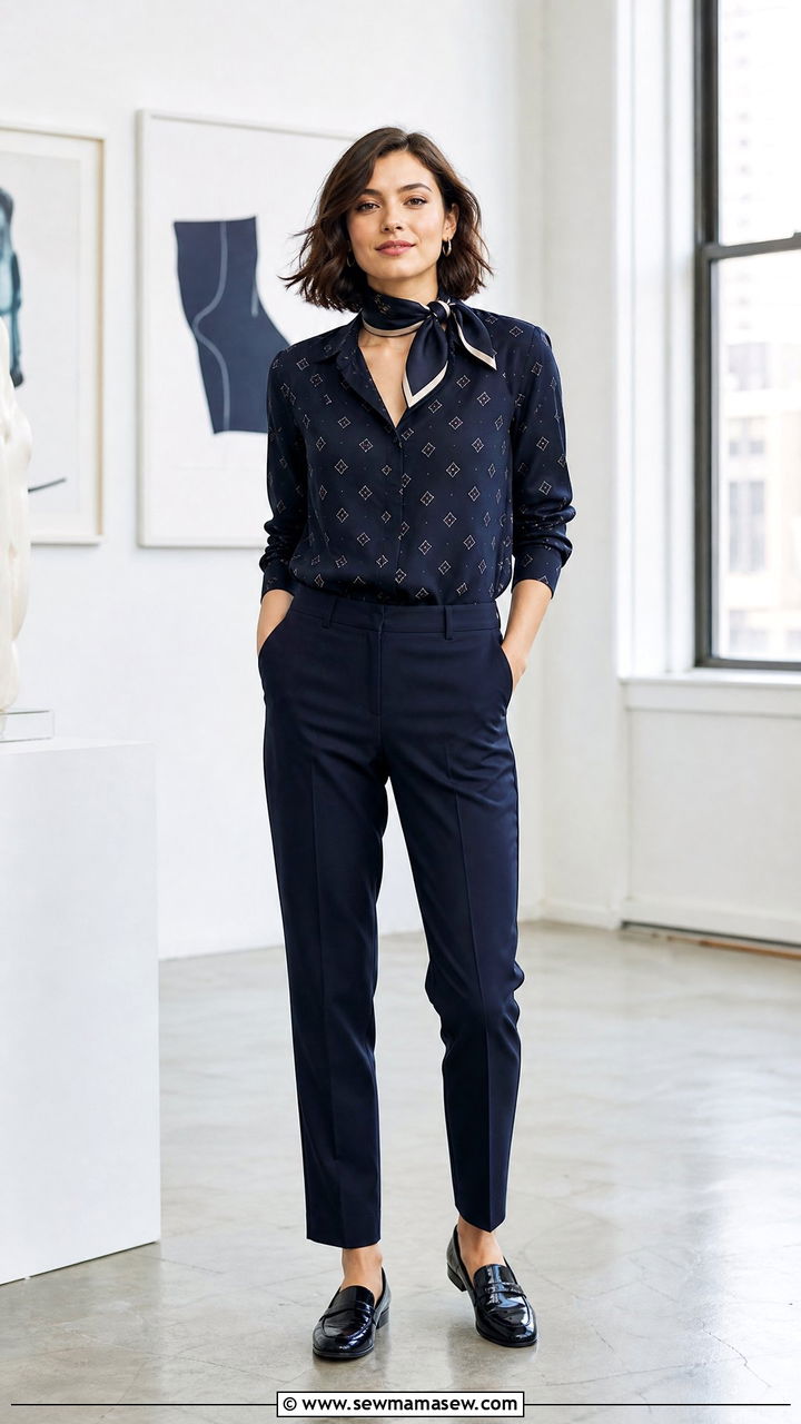 Navy Printed Blouse and Navy Tapered Trousers - 30 Monochromatic navy outfits