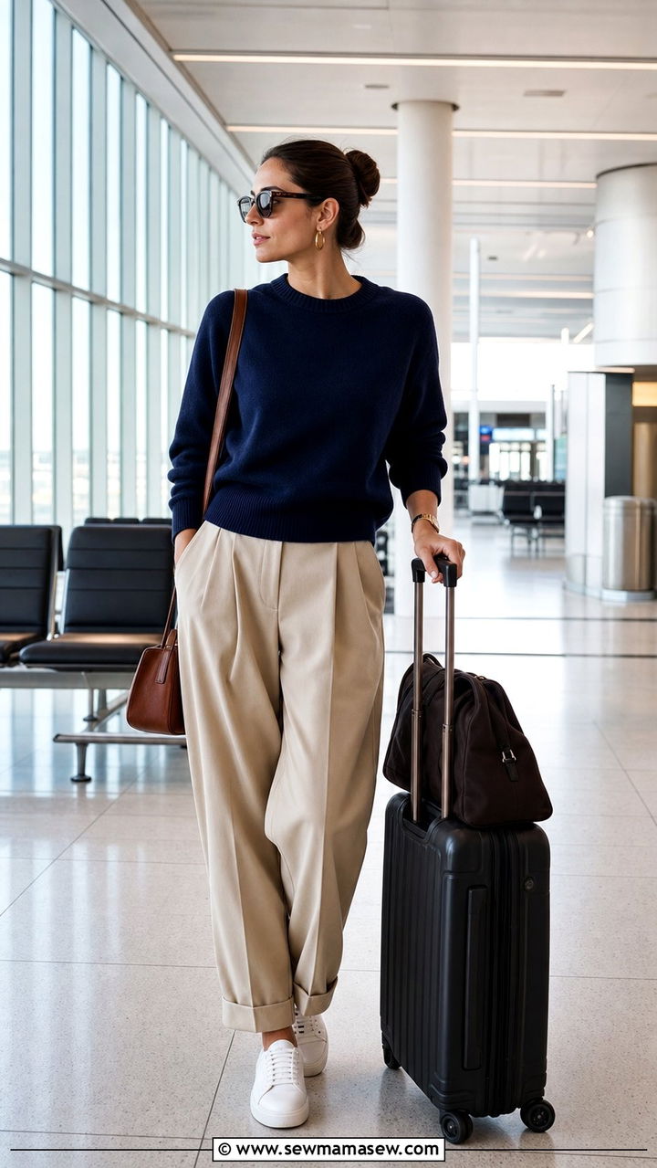 Navy Pullover And Pleated Chinos - 35 Airport outfit ideas old money