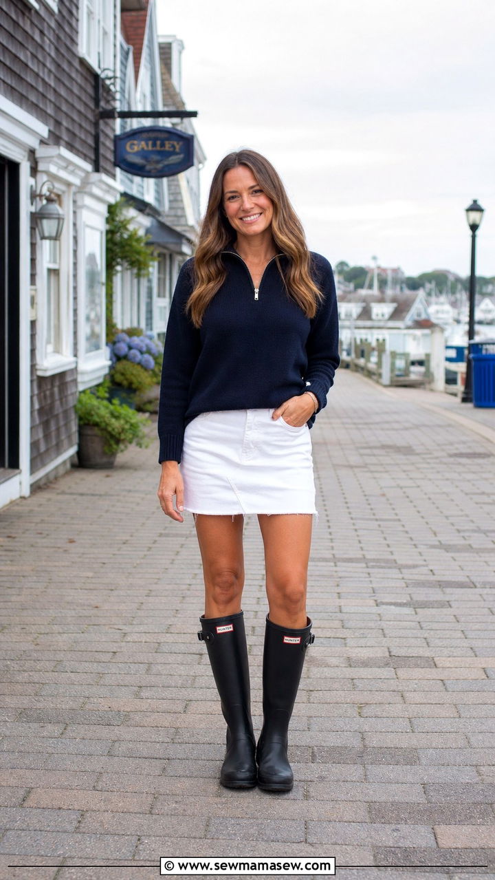 Navy Pullover with White Denim Skirt and Tall Boots - 40 rainy day outfits