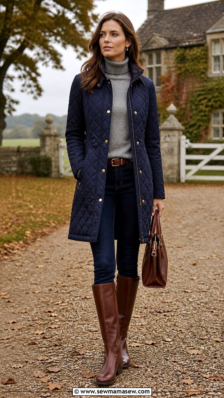 Navy Quilted Coat Outfit With Boots - 40 Quilted coat outfit ideas