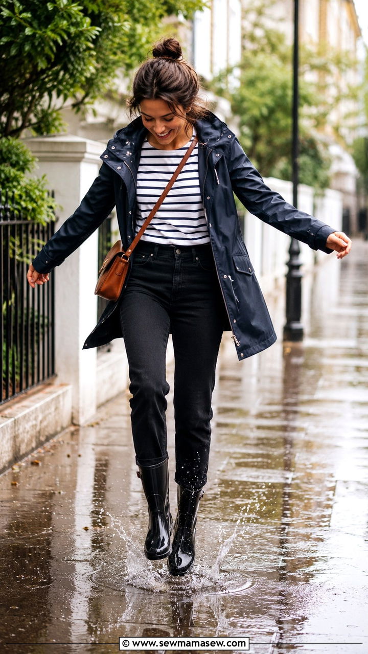 Navy Raincoat With Striped Tee And Straight Jeans - 30 Rainy day work outfit ideas