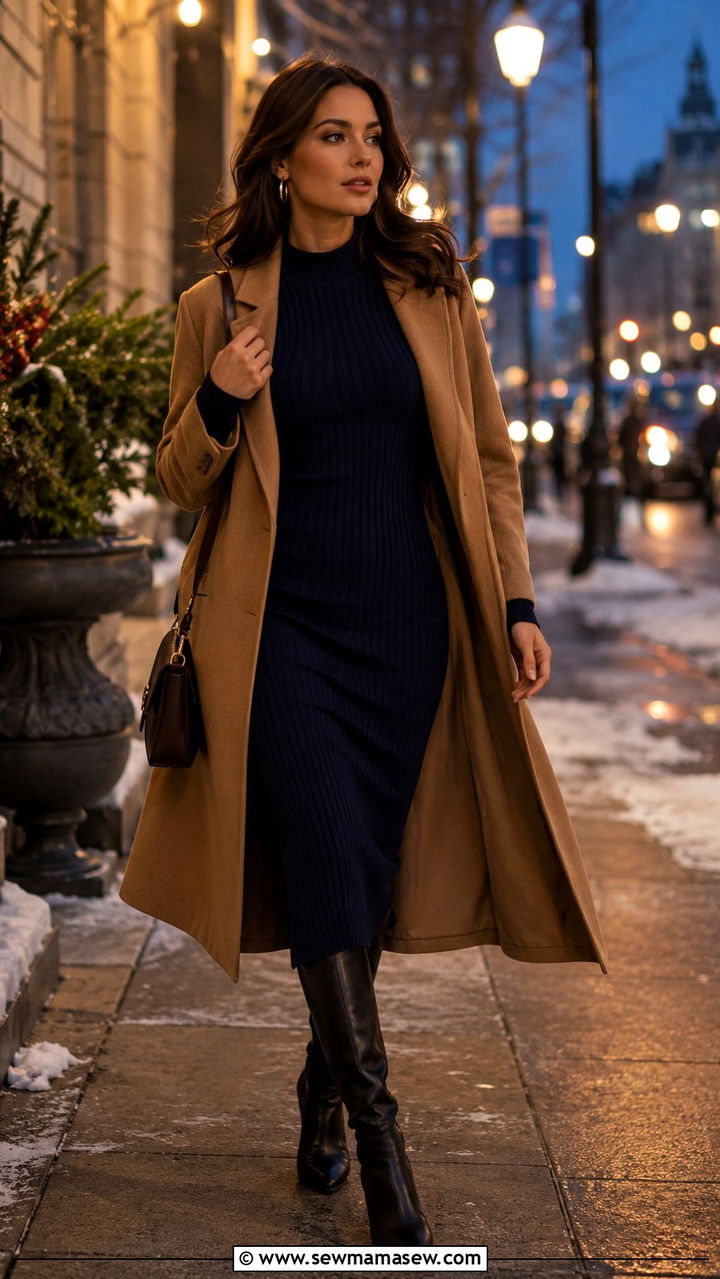 Navy Ribbed Knit Dress with Knee High Boots Outfit - 30 navy outfit ideas for women