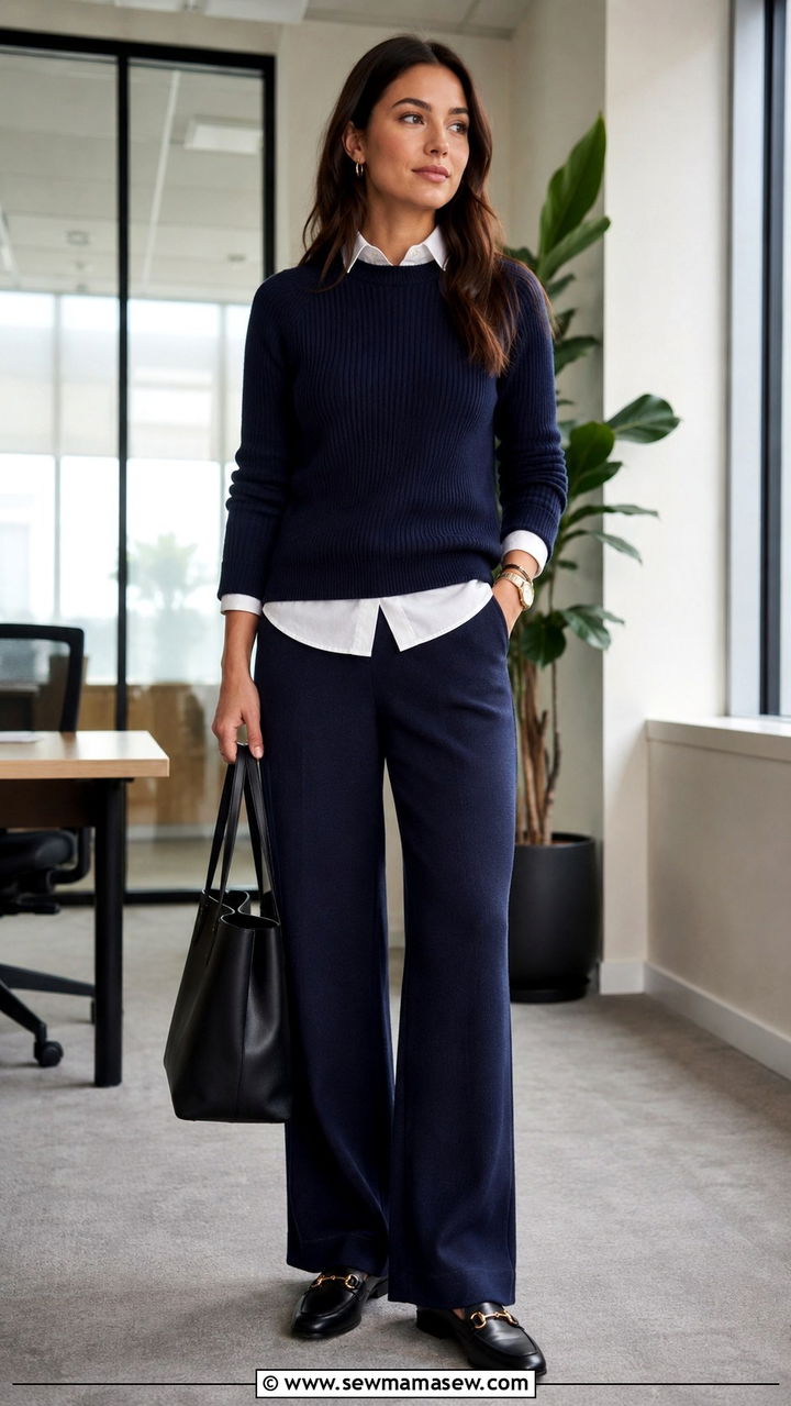 Navy Ribbed Knit Set With Loafers - 30 Ribbed matching set outfit ideas