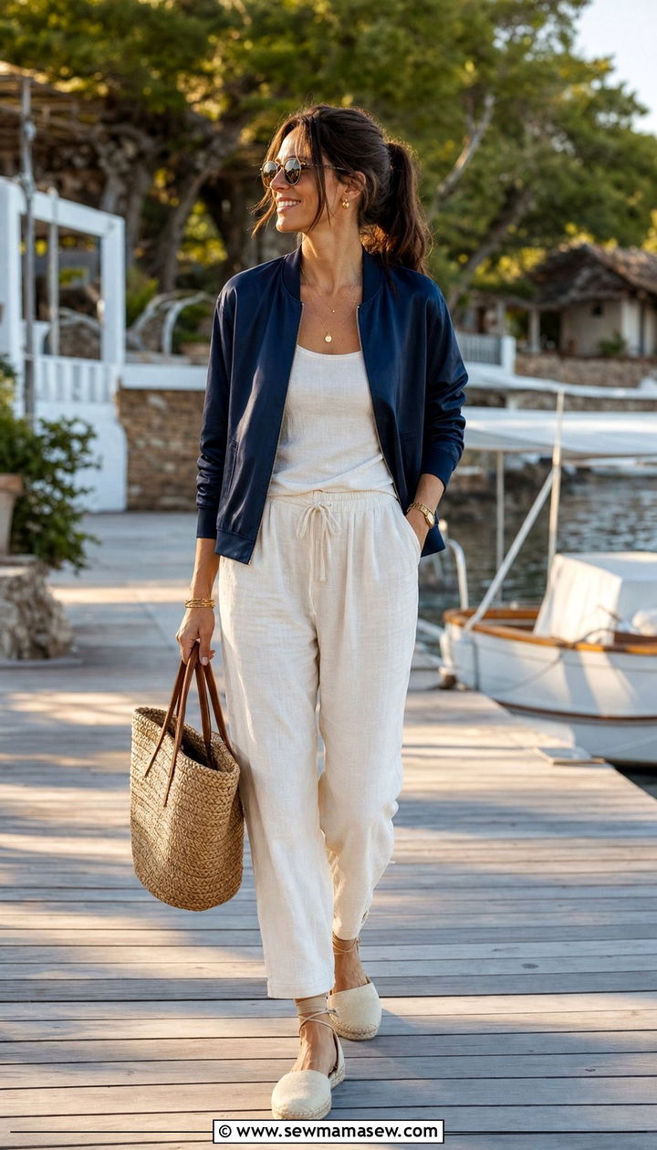 Navy Satin Bomber Jacket With Linen Pants And Espadrilles - 25 Summer outfits with bomber jackets