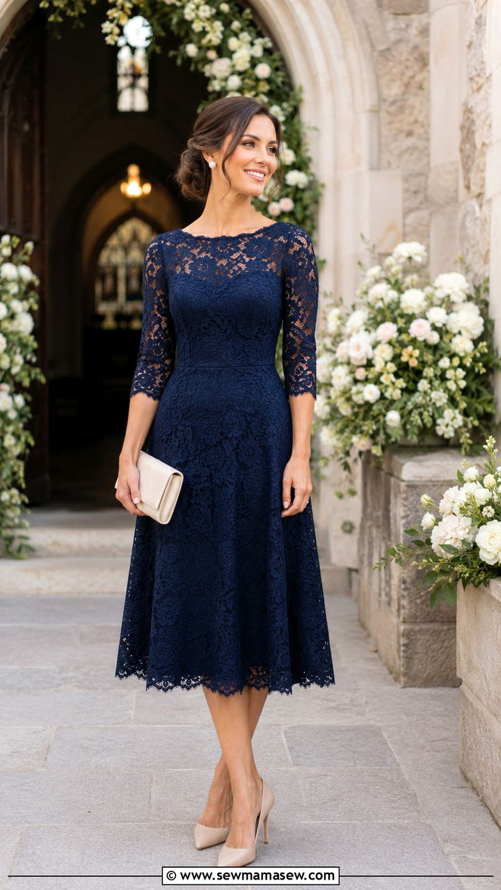 Navy Satin Midi Dress With Flutter Sleeves and Pearl Clutch - 25 Navy wedding guest dress outfit ideas