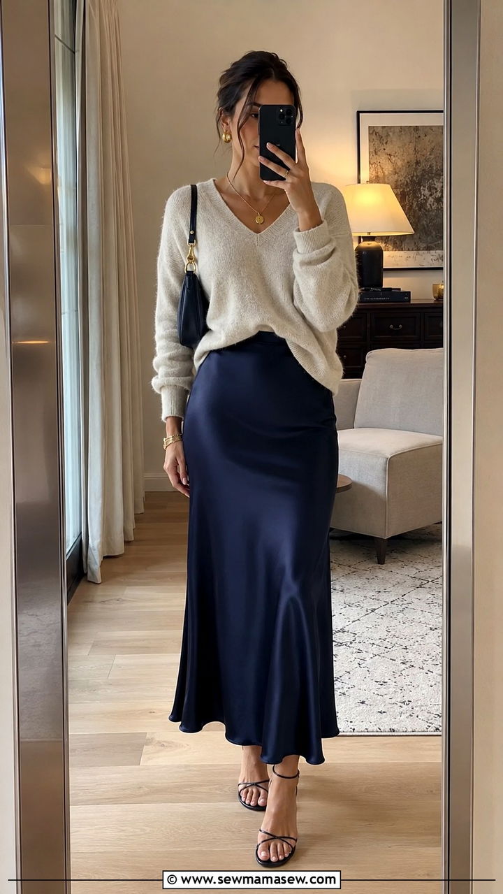 Navy Satin Slip Skirt with Cashmere Knit Outfit - 30 navy outfit ideas for women