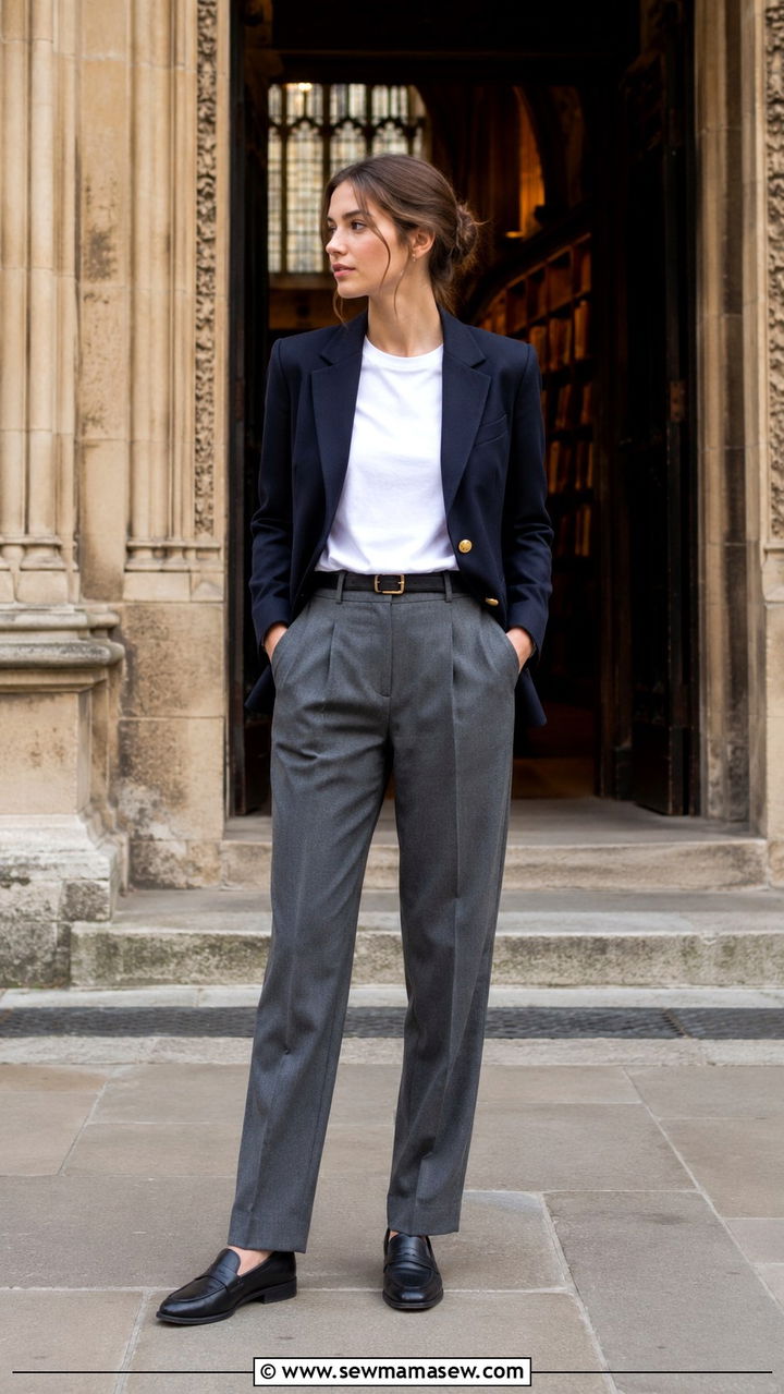 Navy School Blazer with Gray Flannel Trousers - 30 classy back to school outfits