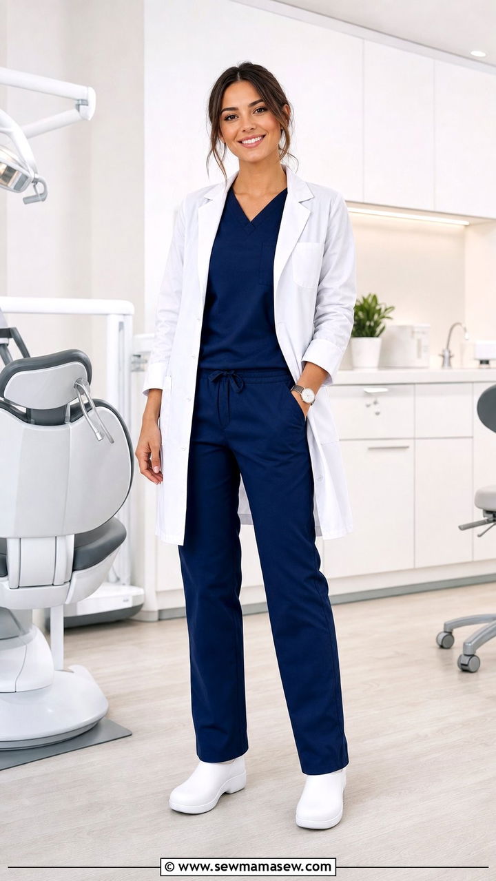 Navy Scrub Set With White Lab Coat - 25 Dental assistant outfit ideas