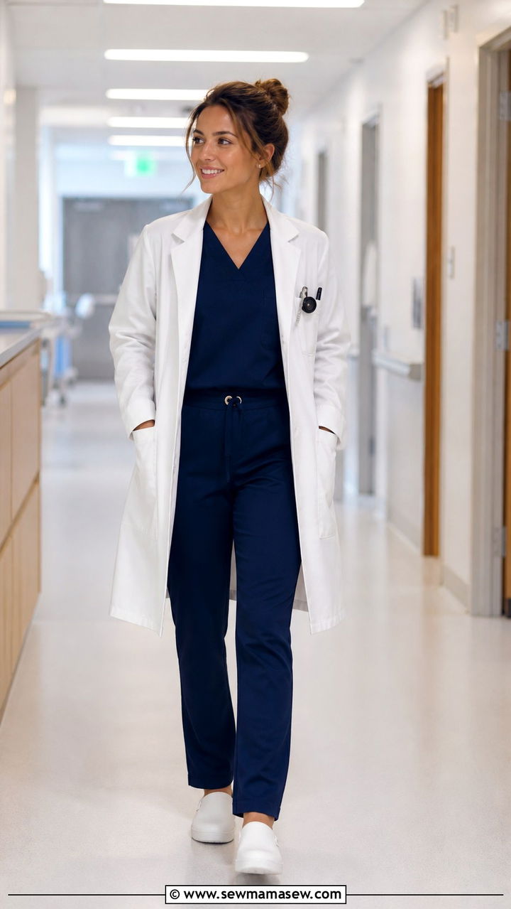 Navy Scrub Set With White Lab Coat - 40 Nurse outfit ideas
