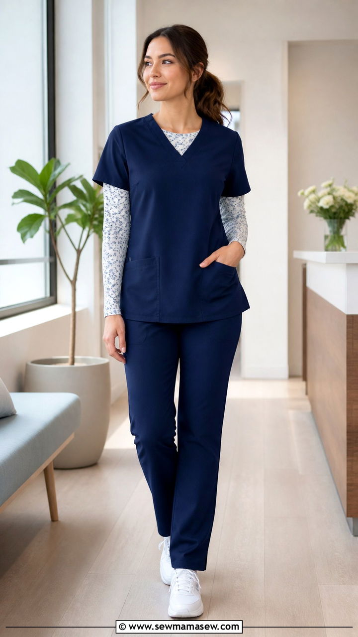 Navy Scrubs With Printed Underscrub - 40 Nurse outfit ideas