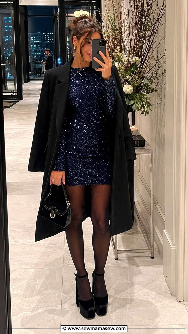 Navy Sequin Mini Dress With Black Opaque Tights - 20 Wedding guest outfit ideas sequin dress