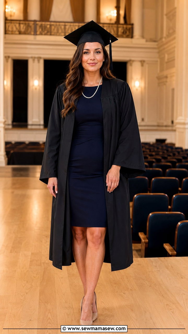 Navy Sheath Dress with Nude Pumps - 30 Graduation cap and gown outfit ideas