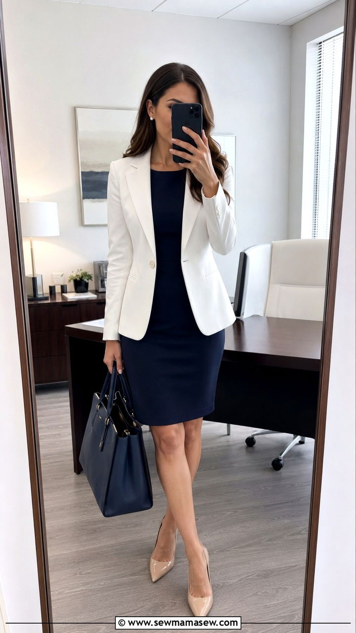 Navy Sheath Dress with White Blazer Outfit - 30 Legal secretary outfit ideas