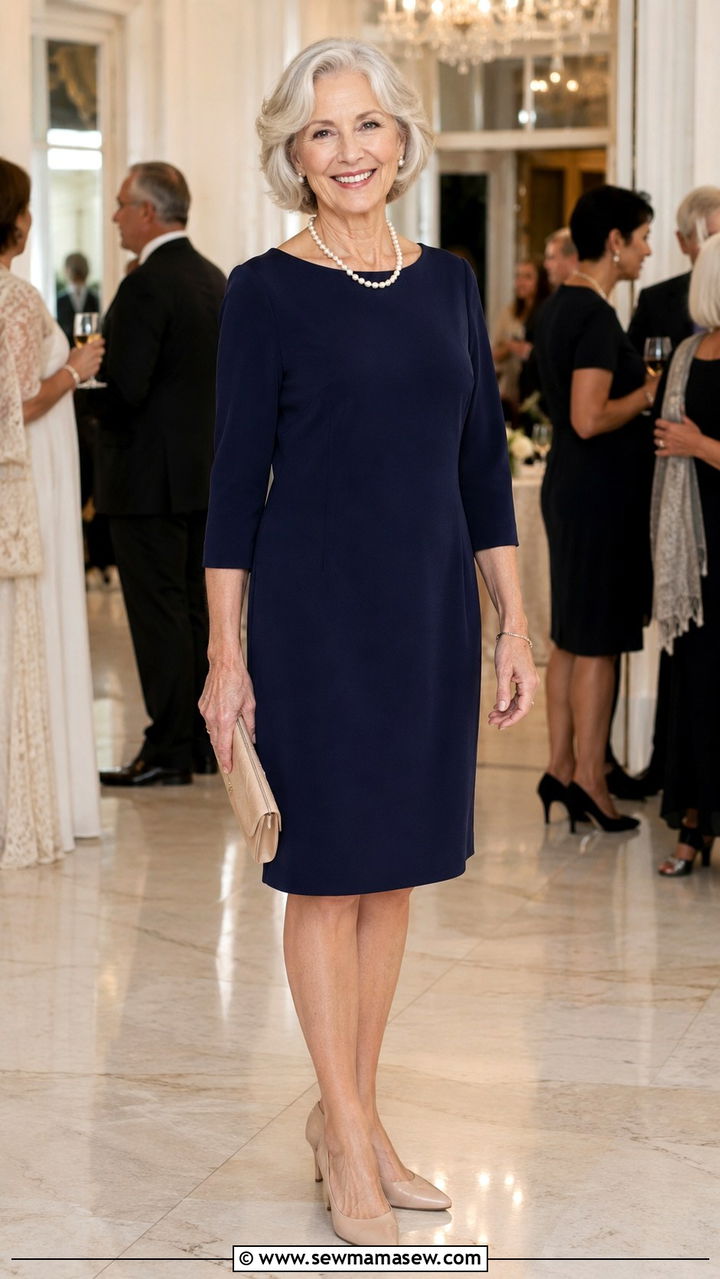Navy Shift Dress With Nude Pumps - 30 Party outfits for women over 60