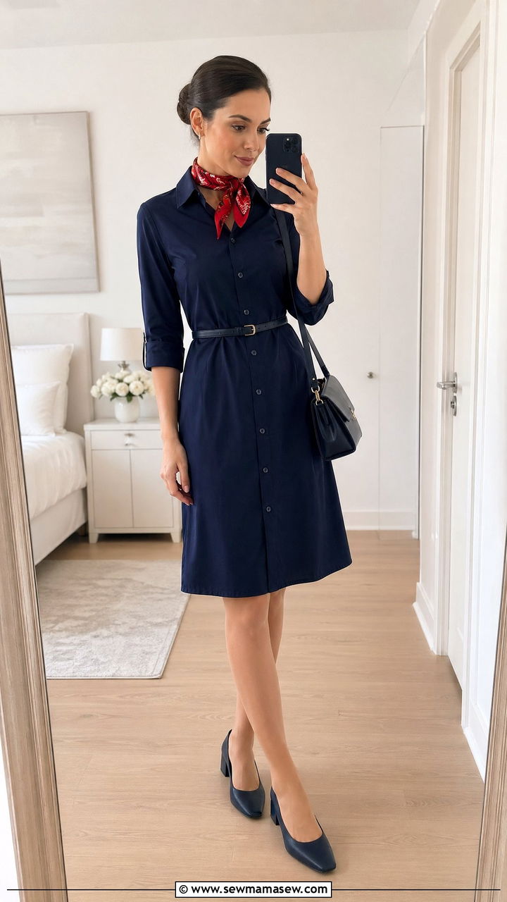 Navy Shirt Dress With Leather Belt - 35 Flight attendant outfit ideas