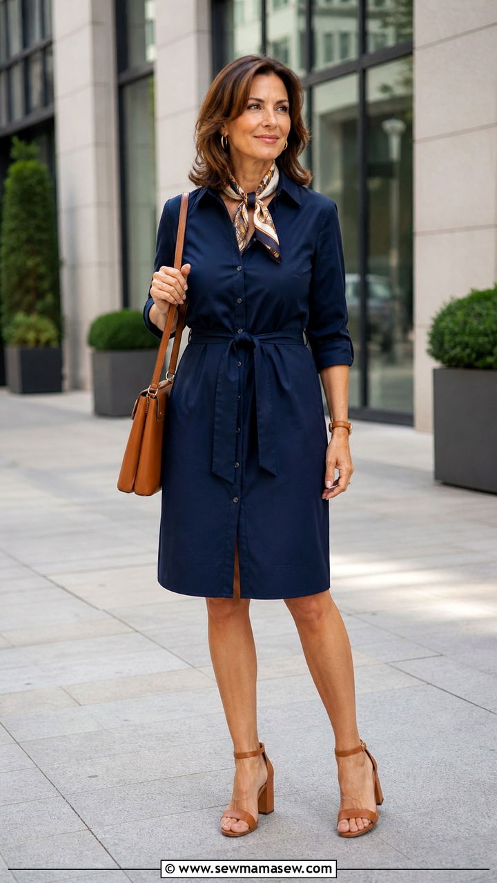 Navy Shirt Dress and Tan Accessories Outfit - 40 Summer outfit ideas for women over 40 2026