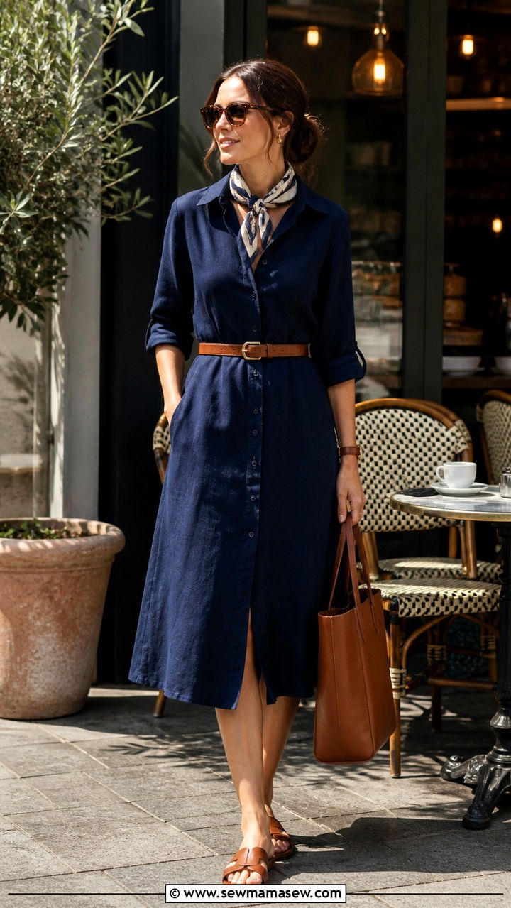 Navy Shirt Dress with Brown Leather Accessories - 40 summer french girl outfits