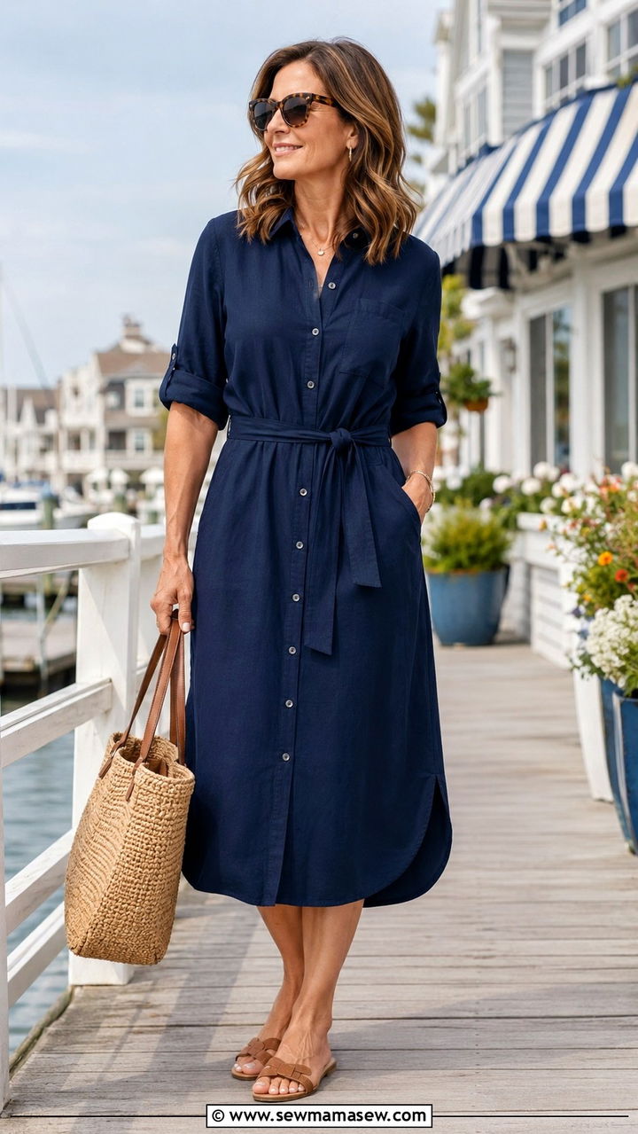 Navy Shirt Dress with Tan Sandals - 25 Outfit ideas for women over 40 elevated casual