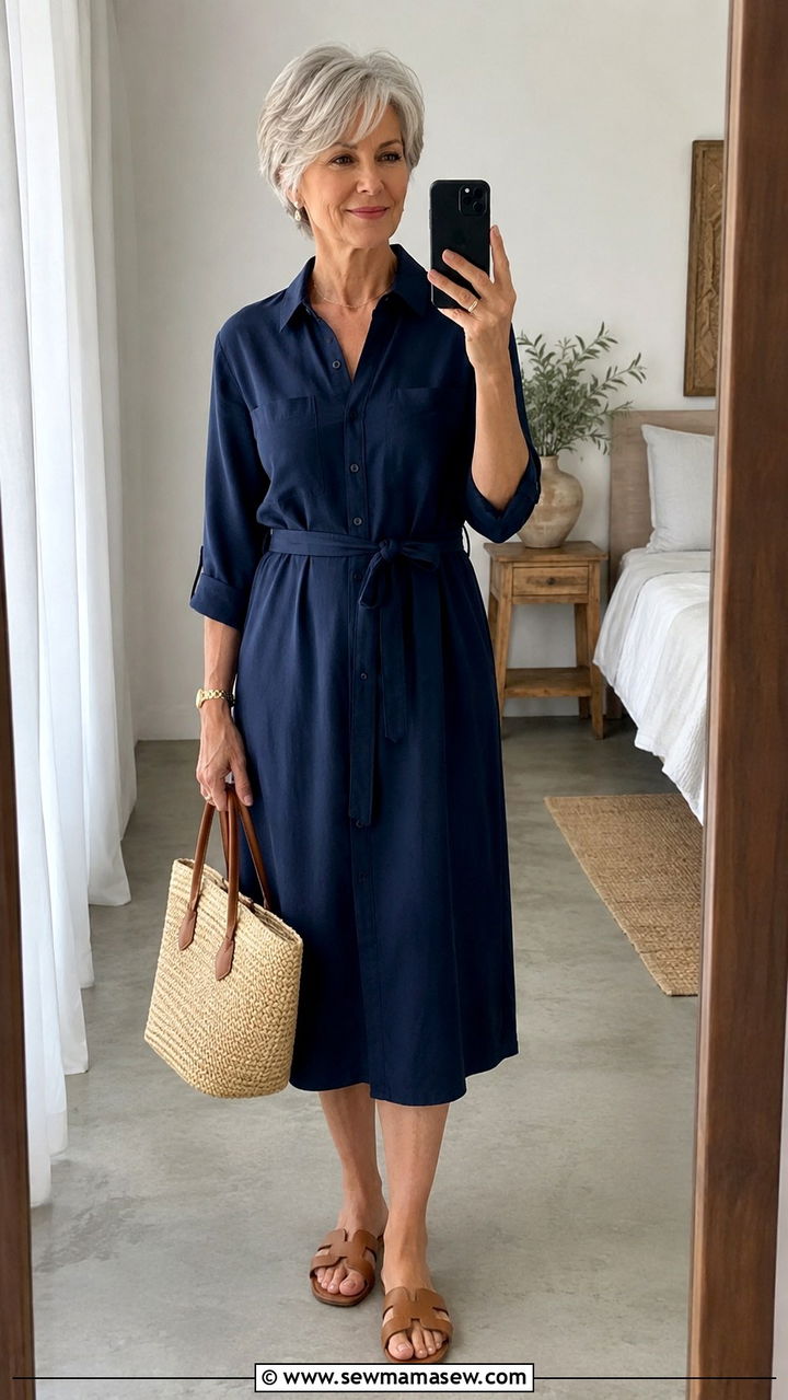 Navy Shirt Dress with Tan Sandals - 30 Minimalist outfits for women over 60