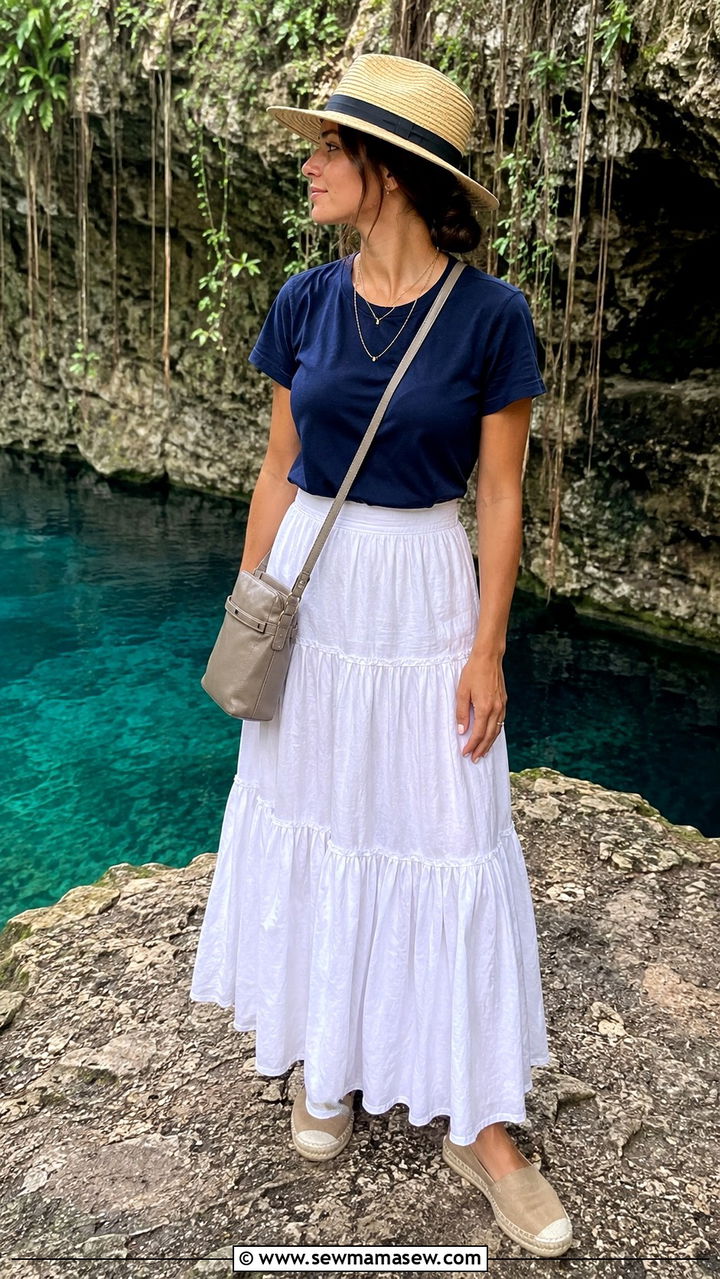 Navy Shirt White Maxi Skirt Tulum Cenote - 30 Tulum vacation outfit ideas