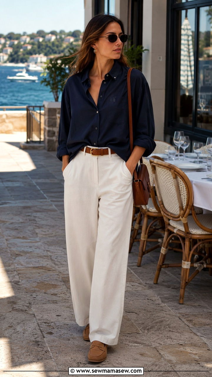 Navy Shirt and Cream Wide Leg Pants - 30 Brunch outfit ideas old money style