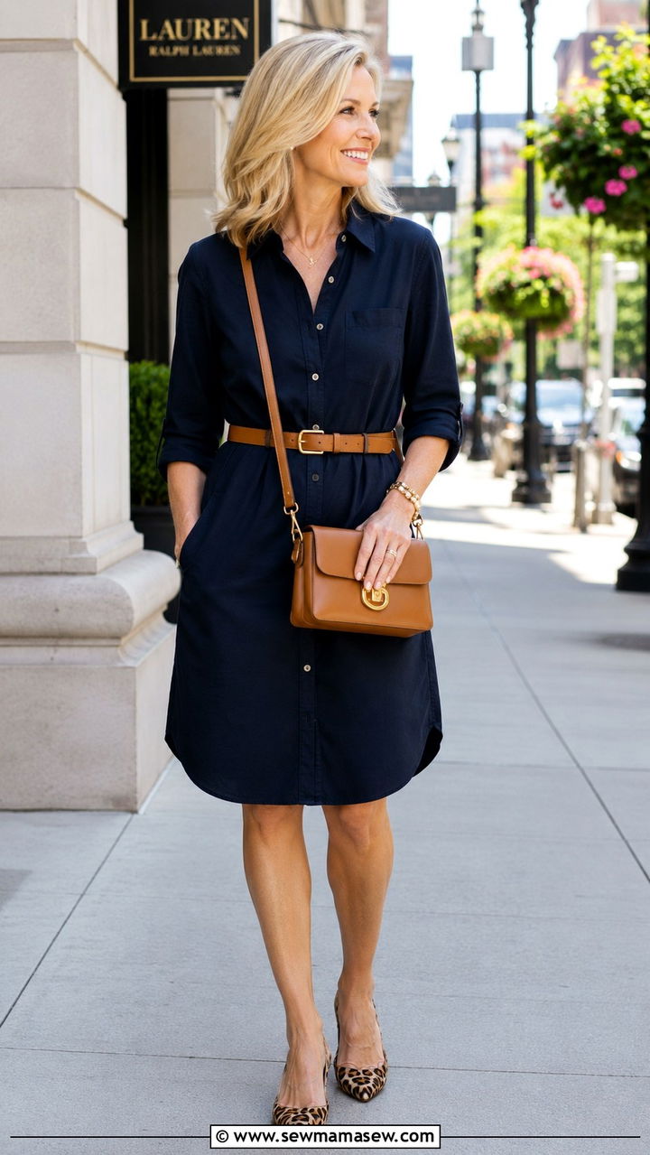 Navy Shirtdress with Belt and Pointed Toe Flats - 25 preppy outfit ideas for women over 40