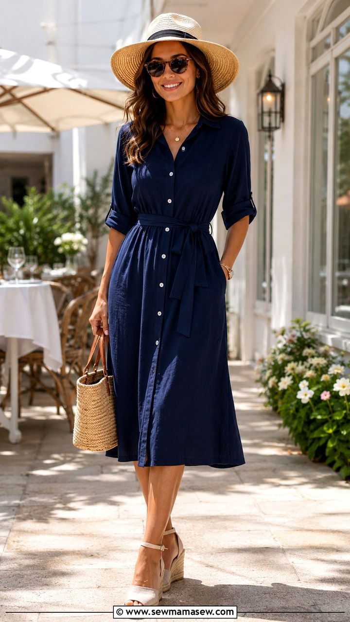 Navy Shirtdress with Espadrilles and Straw Hat Outfit - 30 navy outfit ideas for women