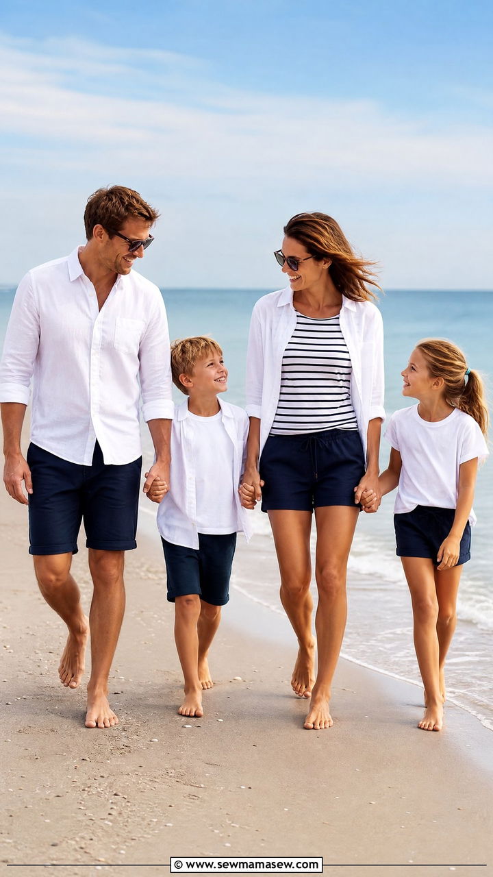 Navy Shorts and White Linen Family Beach Outfit - 30 Family beach photo outfit ideas