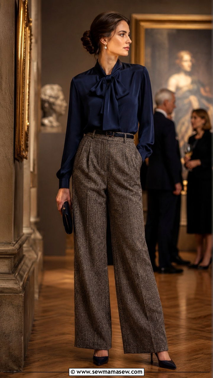 Navy Silk Blouse and Tweed Wide Leg Trousers with Suede Pumps - 30 old money capsule wardrobe outfits