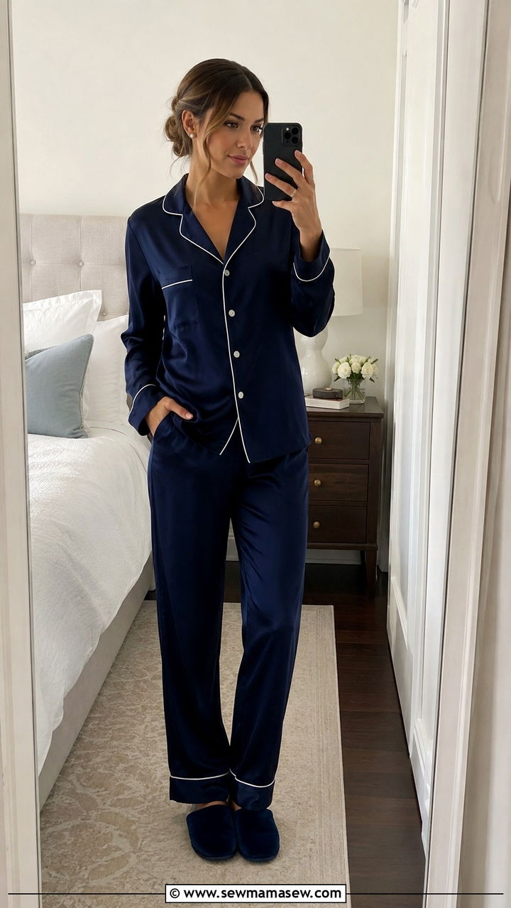 Navy Silk Pajama Set With Pearl Studs - 20 Old money loungewear outfit ideas