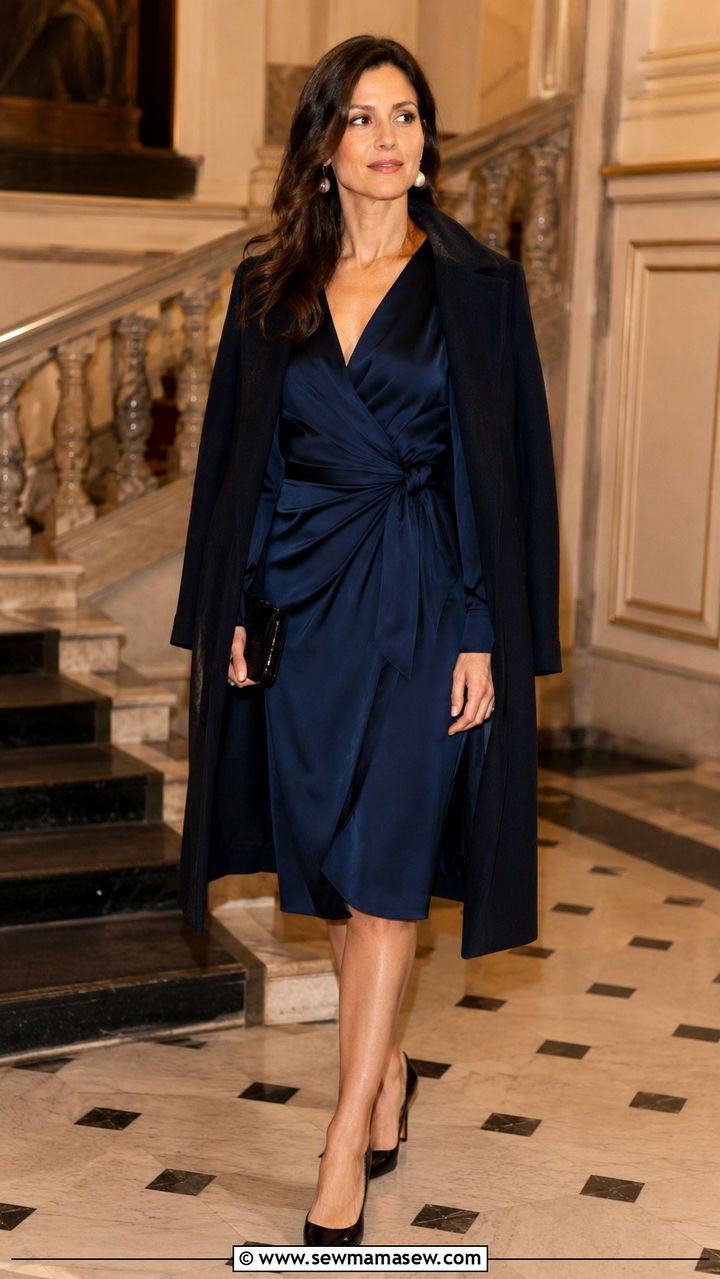 Navy Silk Wrap Dress with Wool Coat and Pearl Earrings - 20 Quiet luxury outfit ideas for women over 50