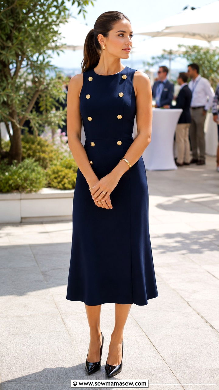 Navy Sleeveless Midi Dress with Gold Button Details - 20 Quiet luxury outfit ideas Meghan Markle