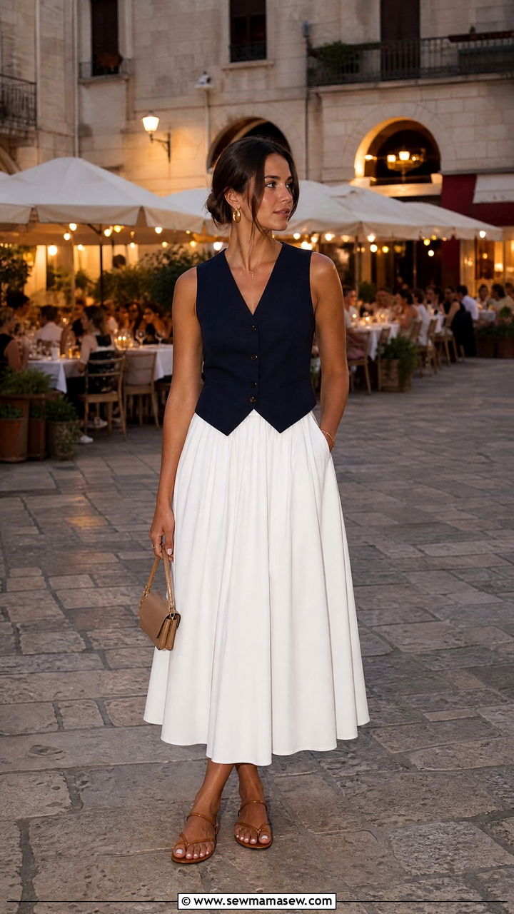 Navy Sleeveless Vest With White Full Midi Skirt - 30 European summer outfits ideas