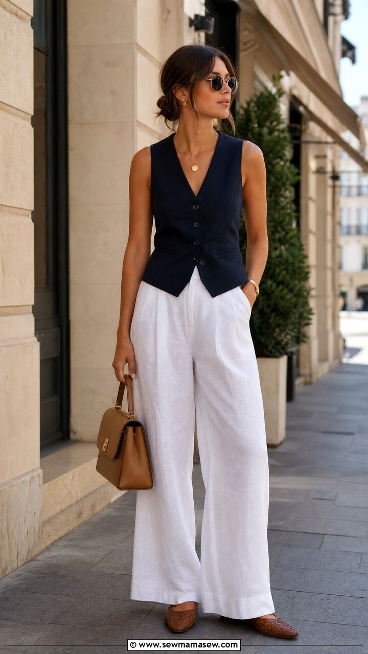 Navy Sleeveless Vest with White Linen Trousers - 30 summer navy outfit ideas