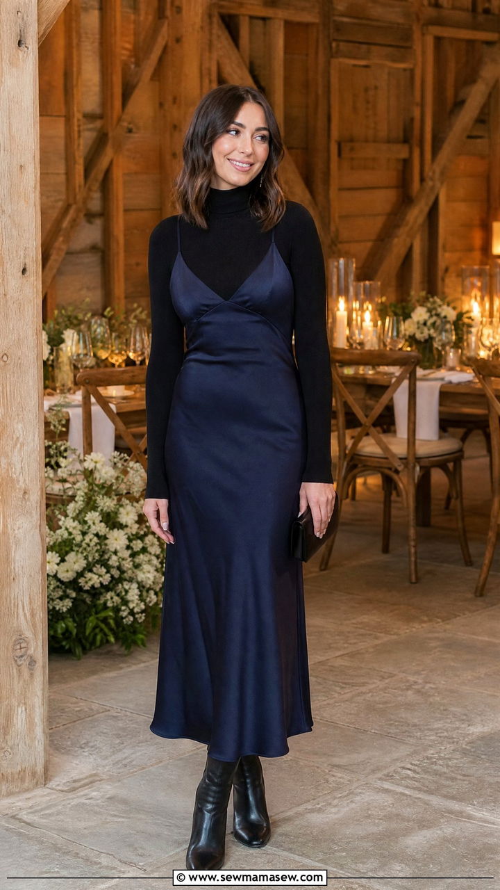 Navy Slip Dress With Turtleneck And Ankle Boots - 25 How to style a slip dress for a wedding