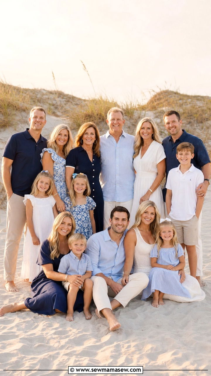 Navy Soft Blue White and Sand Beach Outfit - 25 Family photo outfits for large families