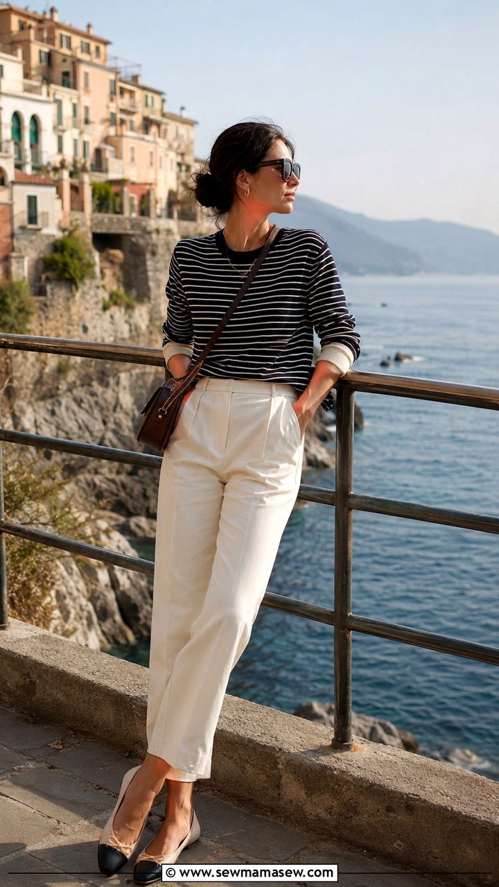Navy Stripe Knit And Cream Pants - 20 Italy outfits 2026