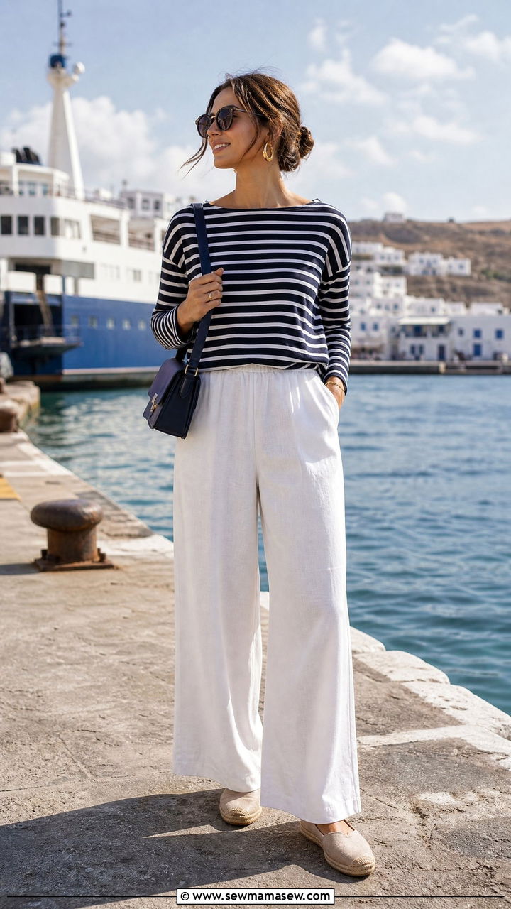 Navy Striped Boat Neck Top With White Wide Leg Pants - 30 Greece packing list outfits