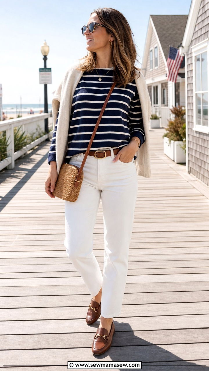 Navy Striped Boatneck Sweater With White Straight Leg Jeans - 25 spring coastal grandmother outfit ideas