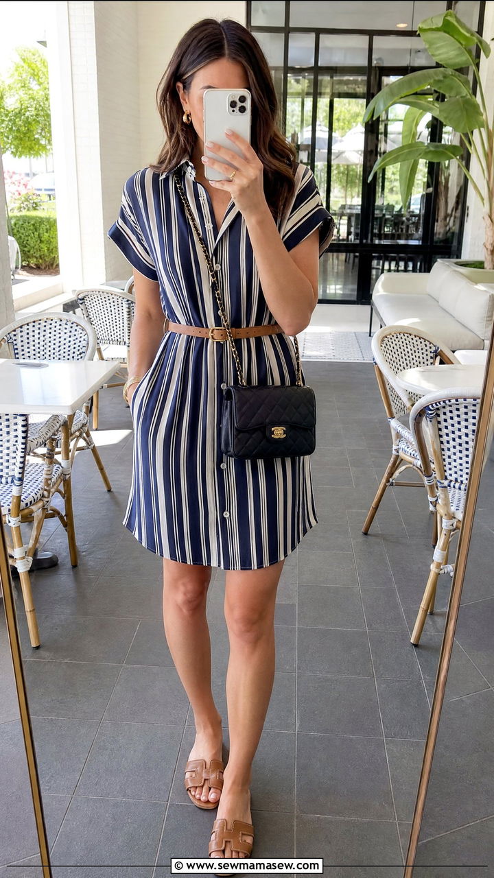Navy Striped Dress With Quilted Chain Crossbody Bag - 30 Summer outfits with crossbody bags
