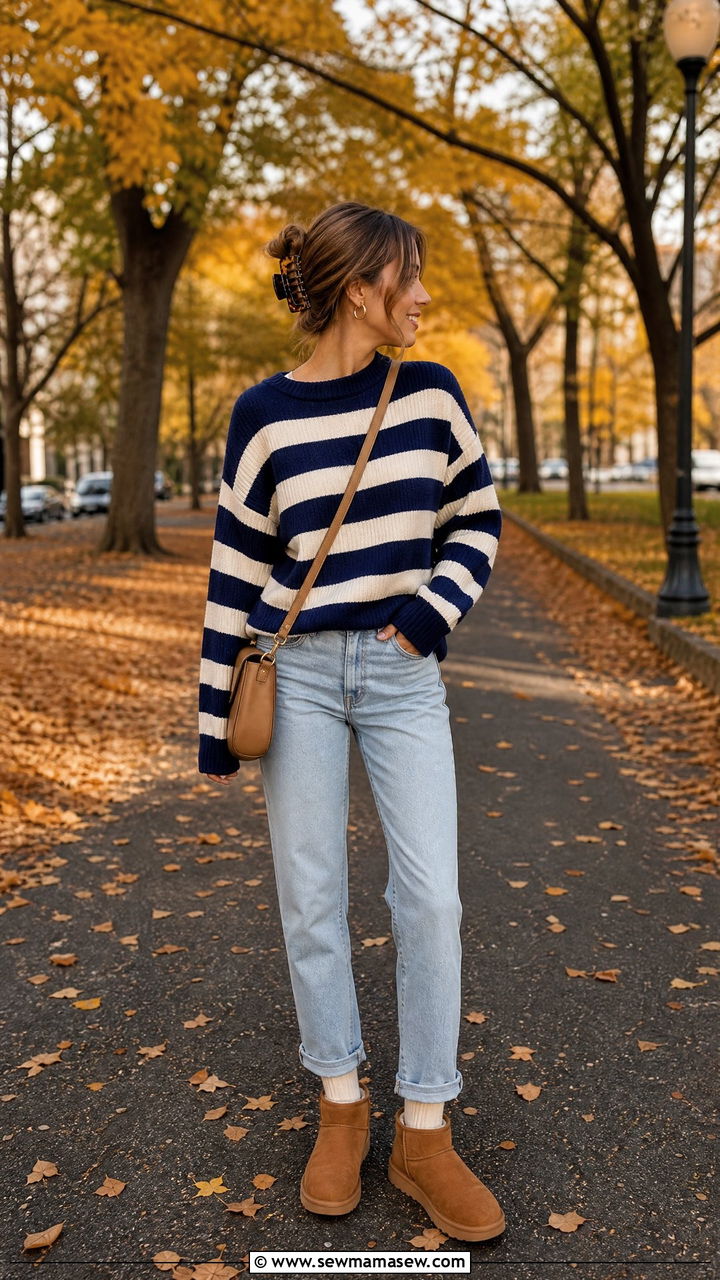 Navy Striped Knit with Light Wash Jeans - 30 clean girl outfits aesthetic