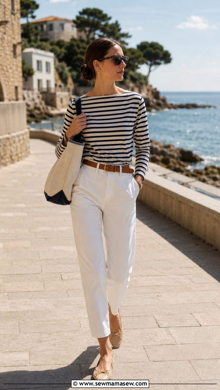Navy Striped Long Sleeve Tee with White Chinos and Ballet Flats - 30 old money outfits inspo