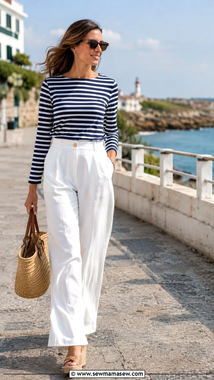 Navy Striped Shirt With White Trousers Outfit - 30 Navy and white outfit ideas