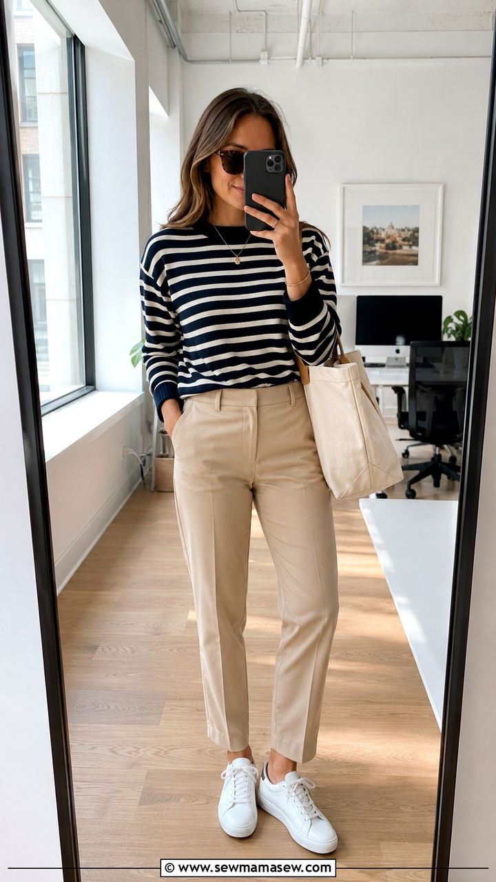 Navy Striped Sweater With Beige Chinos Outfit - 30 casual business casual outfits