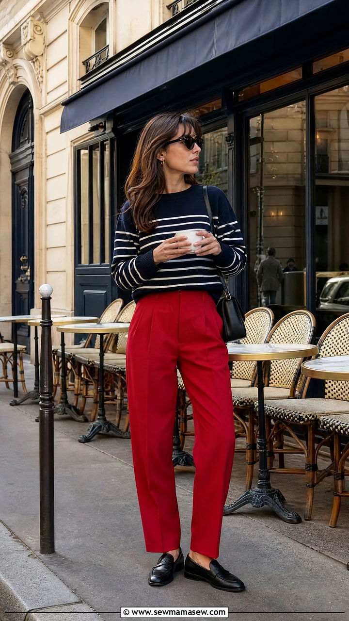 Navy Striped Sweater With Red Trousers and Loafers - 40 Paris outfit ideas