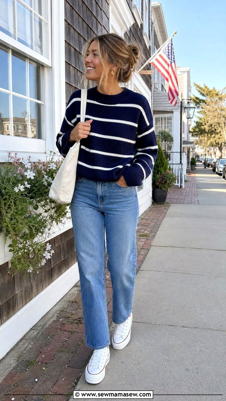 Navy Striped Sweater With Straight Leg Jeans - 25 Coastal granddaughter outfit ideas