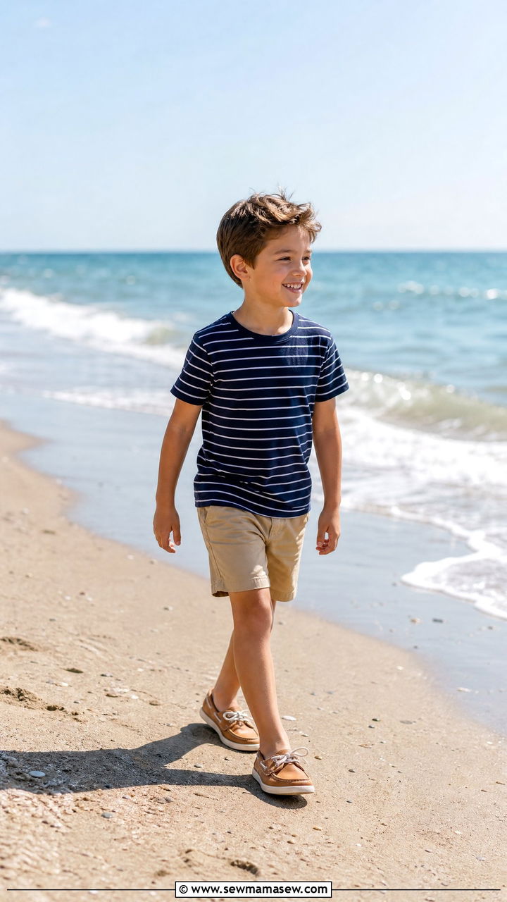 Navy Striped Tee with Khaki Shorts Outfit - 30 Kids family photo outfits