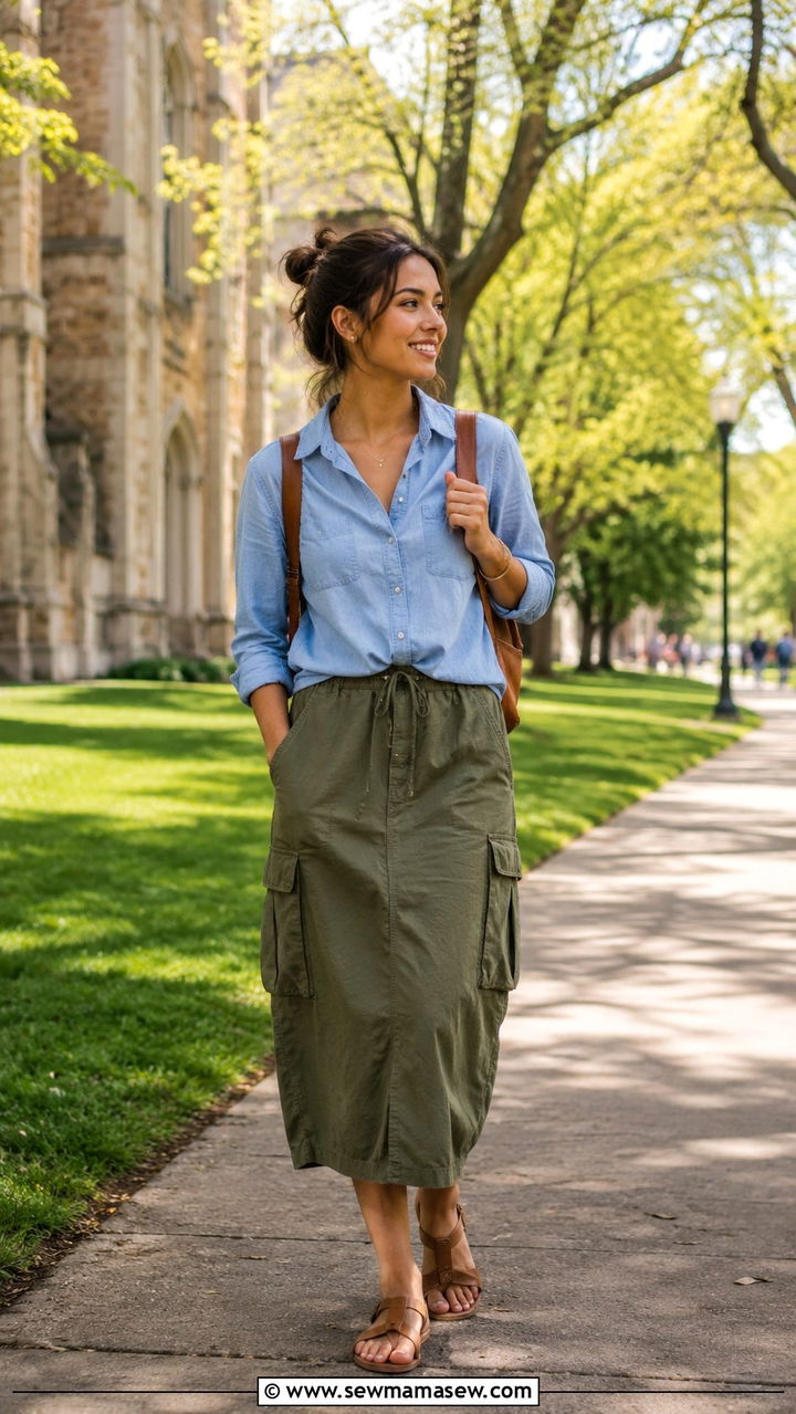 Navy Striped Top With Khaki Trousers - 30 spring outfits for modest women