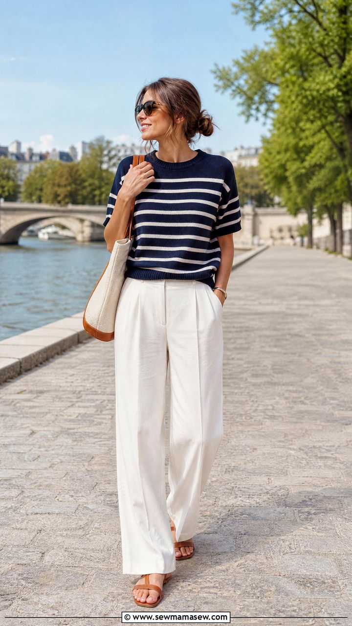 Navy Striped Top With White Wide Leg Trousers - 30 summer european outfit ideas